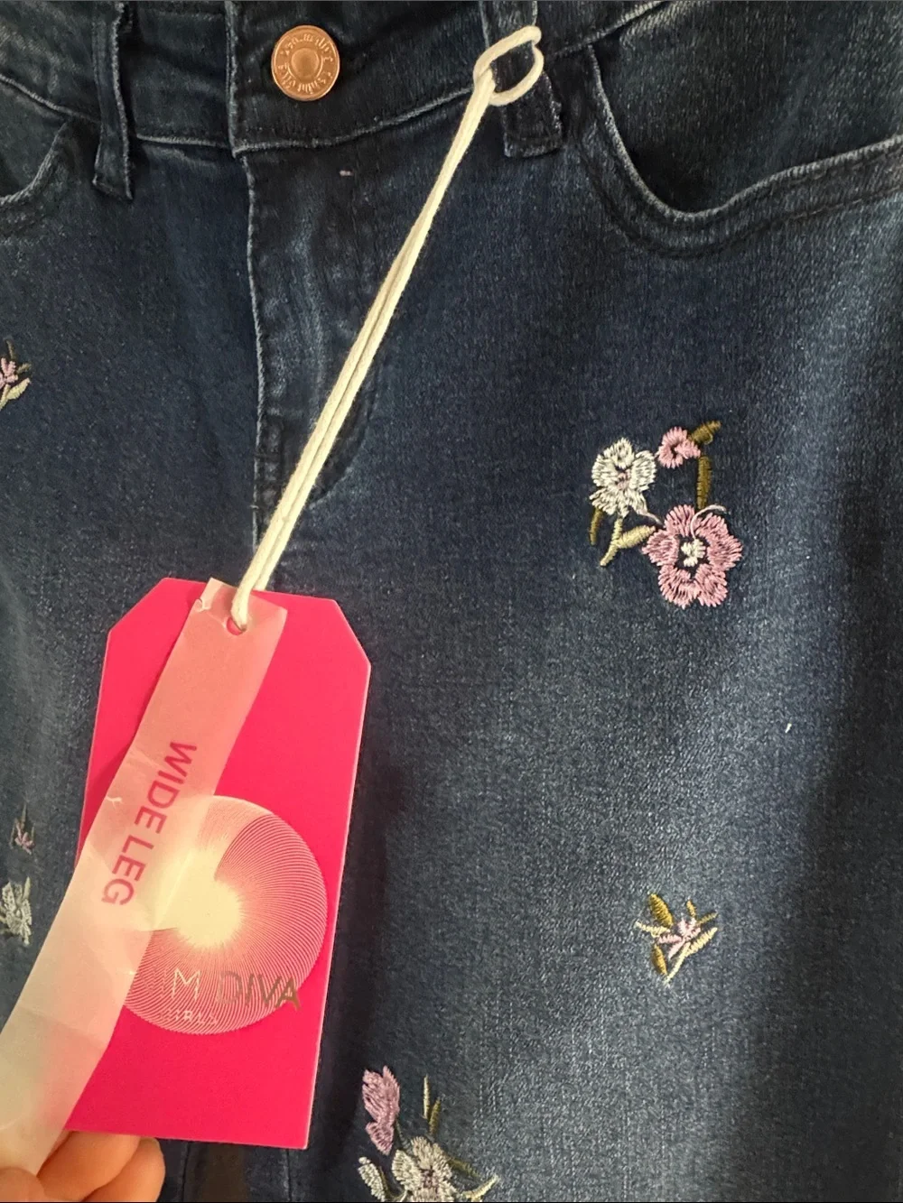 Girls Dark Blue Floral Embroidered Straight Jeans